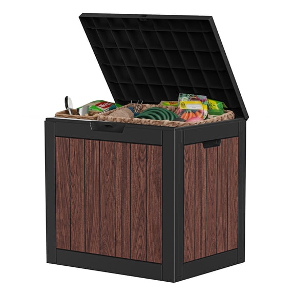 Easy Up 35 Gallon Outdoor Storage Box, Weatherproof Lockable Resin Deck Box for Patio Furniture, Pool Accessories, Garden Tools and Supplies, Walnut Brown