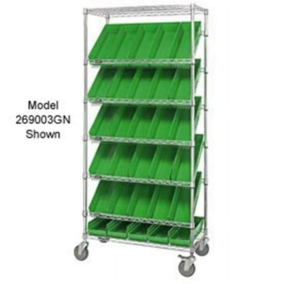 Easy Access Slant Shelf Chrome Wire Cart with 18 4 in. Shelf Bins, Green - 36 x 18 x 74 in.