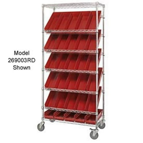 Easy Access Slant Shelf Chrome Wire Cart with 24 4 in. Shelf Bins, Red - 36 x 18 x 74 in.