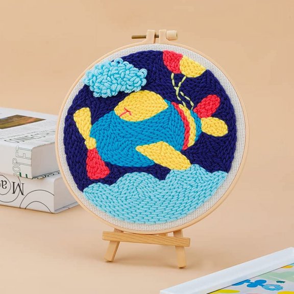 Easy Airplane Punch Needle Embroidery Starter Kits for Kids and Adults Beginners with Punch Needle Tool,Threader, Stamped Fabric Embroidery,Hoop, Yarn Rug Punch Needle