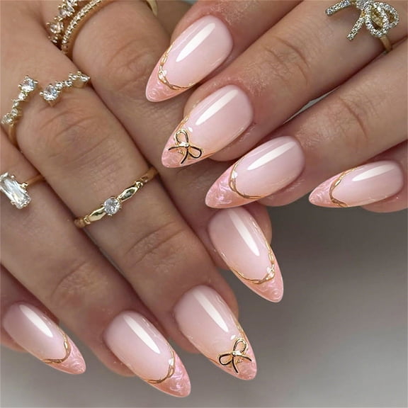 Easy Apply False Nails Almond Shape Gold Edged French Tips With Adhesive Bows Embellishments For Prom Event Parties