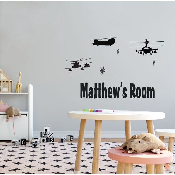 Easy To Apply Helicopters Decoration Longbow Apache Blackhawk & Boeing CH-47 Silhouette Design Vinyl Wall Decal - Kids Bedroom Personalized Name Wall Sticker 10" x 6"
