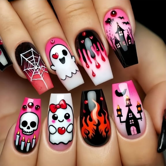 Easy Apply Square Fake Nails Skull Halloween Theme Durability ABS Build Nails For Costume Parties Daily Wear