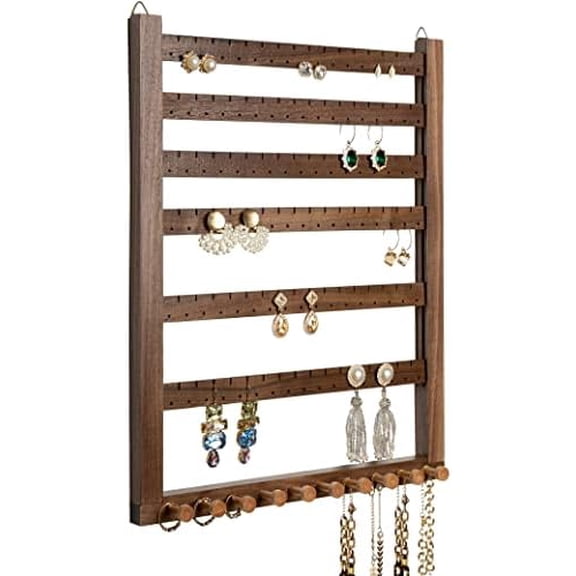 Easy Assemble Solid Walnut Wood Earring Wall Holder Hanging Jewelry Organizer Necklace Holder Earring Hanger Wall Mount Jewelry Organizer for Necklaces Rings Scruncies Organization