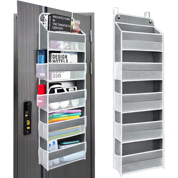 Easy Assembly Over The Door Organizer, 5 Shelves& 8 Side Pockets, Heavy-Duty Reinforced Mesh Rack Holds 44lb, Hanging Behind Door Storage for Bathroom Pantry,Closet, Shoes, Towels-Grey