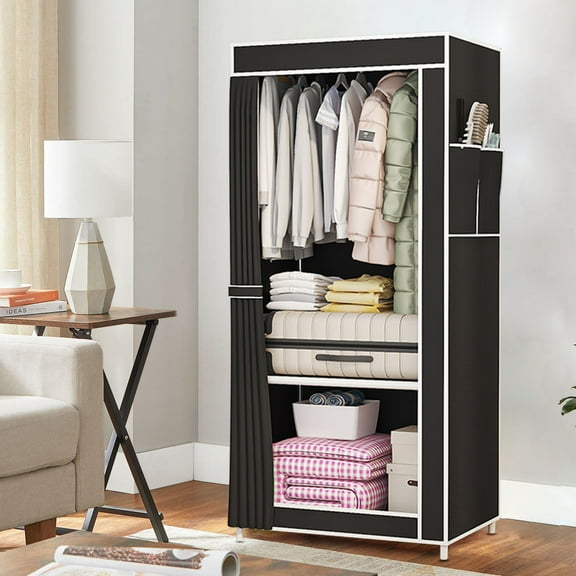 Easy Assembly Fabric Wardrobe Closet with Shelves, Portable Cloth Storage Organizer for Bedroom, Collapsible Garment Rack with Zippered Doors and Ventilation