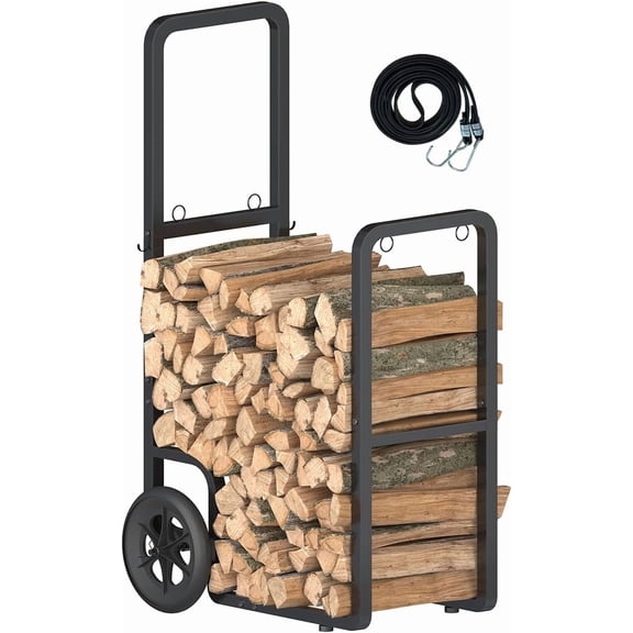 Easy-Assembly Firewood Cart, Rolling Log Carrier for Outdoor & Indoor Use, Wood Rack Storage Mover for Fireplace & Fire Pit, Heavy-Duty Steel Log Dolly Hauler with Rubber Wheels, Black