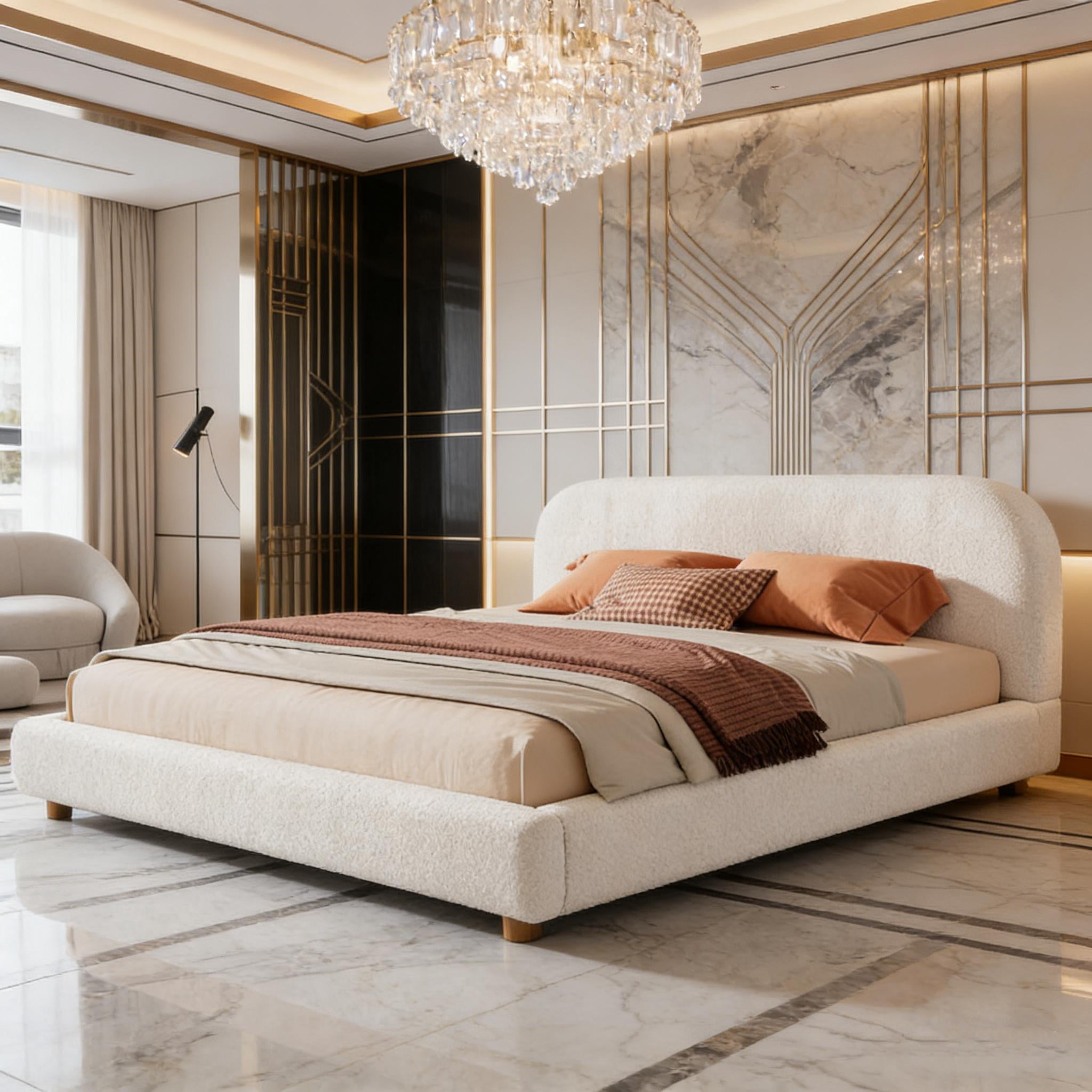 Easy Assembly King Size Boucle Bed, Curve-Shaped Upholstered Headboard ...