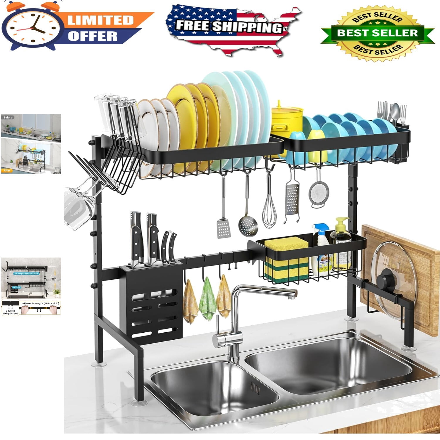 Easy Assembly Over Sink Dish Rack: Adjustable, Sturdy 2-Tier Kitchen ...