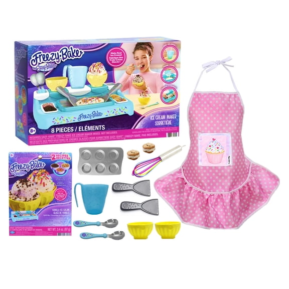 Easy Bake Freezy Bake Ice Cream Maker with Accessories/ Apron/ Ice Cream Mix with Toppings/ Whisk / Ice Cream Cookie Pan (12 Items) -Freezy Bake and Accessories Gift Set