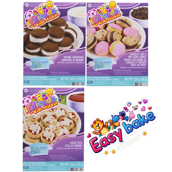 Easy Bake Kids Baking Set, Cheese Pizza, Chocolate Chip, Pink Sugar Cookies, Sprinkle Brownies Mixes, 3-Pack