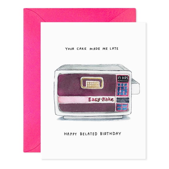 Easy-Bake Oven Birthday Card  "Your Cake Made Me Late" Design  Perfect for Belated Birthday Wishes  Includes Pink Envelope, Blank Inside for Personal Messages