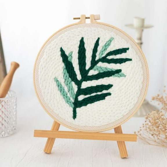 Easy Bamboo Leaf Punch Needle Embroidery Starter Kits for Kids and Adults Beginners with Punch Needle Tool,Threader, Stamped Fabric Embroidery,Hoop, Yarn Rug Punch Needle