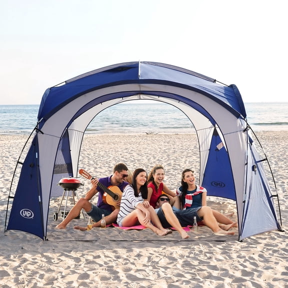 Easy Beach Tent Pop Up Canopy UPF50+ Tent with Side Wall, Ground Pegs, and Stability Poles, Sun Shelter Rainproof, Waterproof for Camping Trips, Backyard Fun, Party Or Picnics, Blue