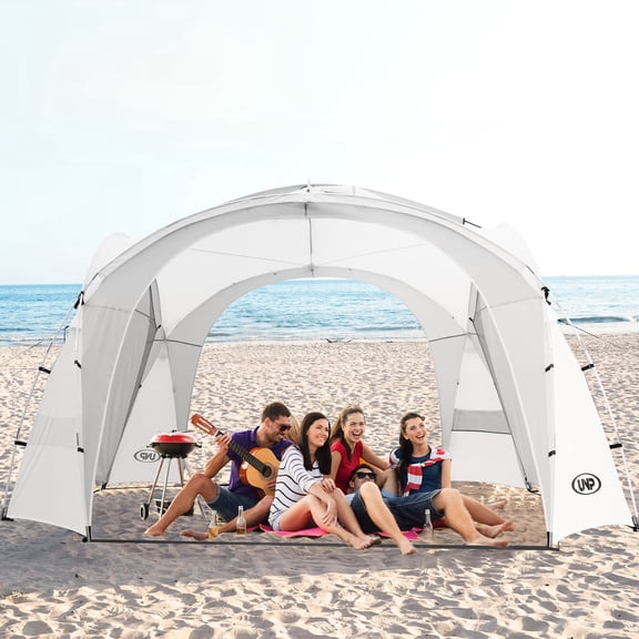Easy Beach Tent Pop Up Canopy UPF50+ Tent with Side Wall, Ground Pegs, and Stability Poles, Sun Shelter Rainproof, Waterproof for Camping Trips, Backyard Fun, Party Or Picnics, White