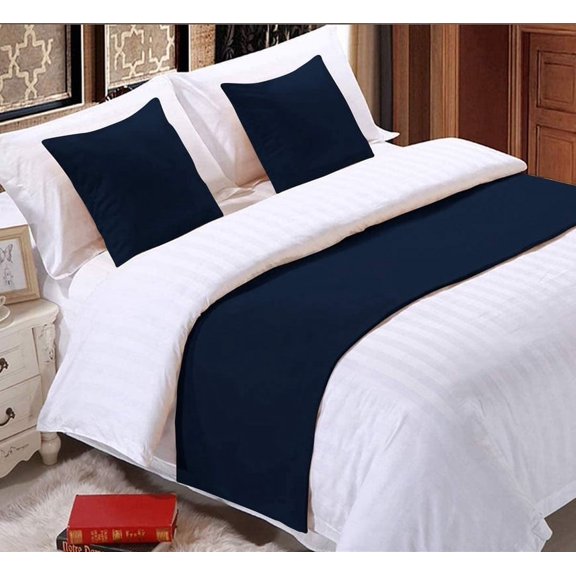 Easy Bedding 3 Piece Bed Runner 100% Egyptian Cotton (1 Piece Bed Runner and 2 Pillow cases) 400 TC, Premium Decorative Bed Scarf- Navy Blue Solid, King Size.
