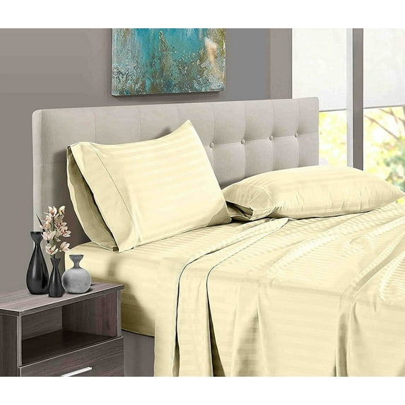 Easy Bedding Bed Sheet Sets, 300TC 4 Piece Bedding, 18 Inch Deep Pocket Luxury Soft, 100% Cotton- Ivory Stripe, Queen Size