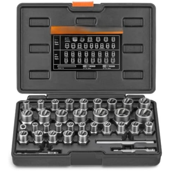 Easy Out Bolt Extractor Kit, 35 PCS Nut Extractor Socket Set, 1/4" and 3/8" Drive Remover Tool for Damaged, Broken, Rusted, Rounded-Off Bolts, Nuts, Screws$$