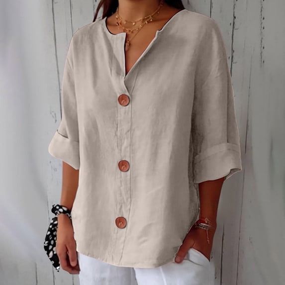 Womens Summer Gauze Cotton Linen Tops Casual Button Down V Neck 3/4 Sleeve Blouse Loose Basic Shirts Lightweight Breathable Vacation Clothing, Khaki 5XL