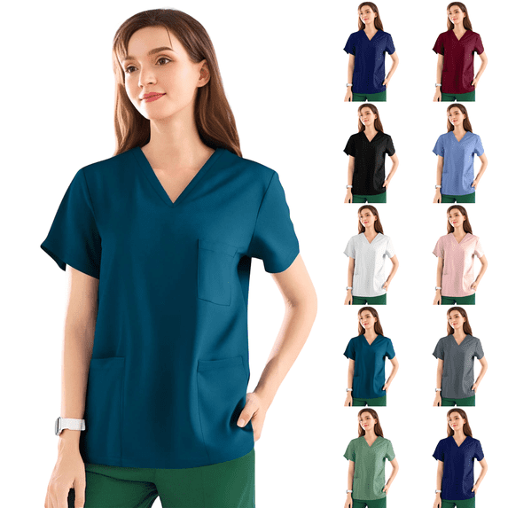 Easy Care Scrub Tops for Woman Soft Stretch V Neck Top Scrubs with 3 Pockets Dark Blue S
