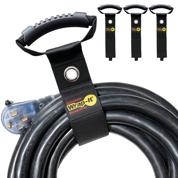 Easy-Carry Wrap-It Storage Straps - Extension Cord Holder Organizer for Garden Hose Storage Cord Straps with Grommet - 22 in (3 Pack) - Black