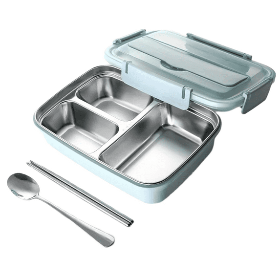 Easy-Clean Container for Students & Office Workers,Leak-Proof Stainless Steel Lunch Box with 3 Compartments Blue