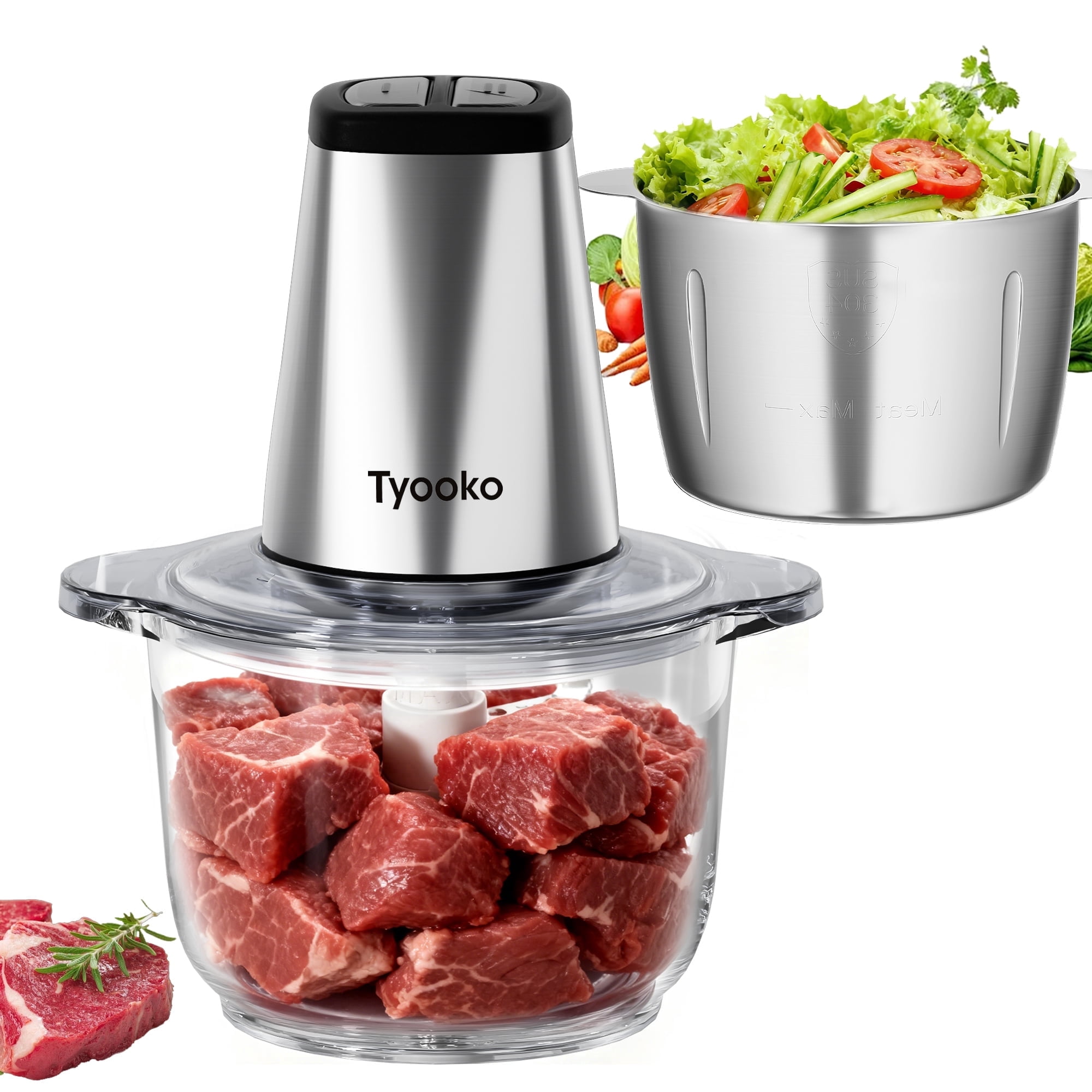 Easy Clean Food Processor Meat Grinder 8-Cup SS Glass Bowls Mixer for Veggie/Pet/Baby Food