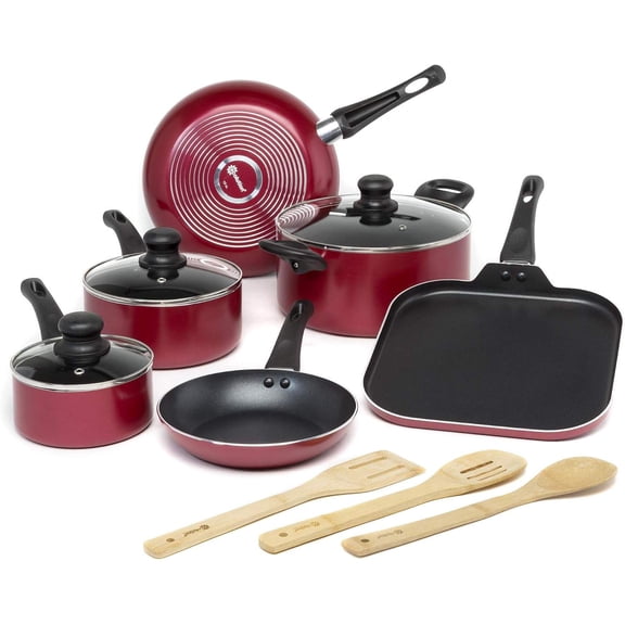 Easy Clean Nonstick Cookware Set, Dishwasher Safe Kitchen Pots and Pans Set, Comfort Grip Handle, Even Heating, Food Release, 12-Piece, Red