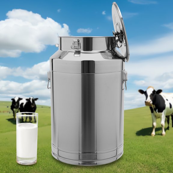 Easy-Clean Smooth Surface, Space-Saving Hanging Lid, 76L Capacity, 304 Stainless Steel Milk Jug， Fit for Home Kitchen Storage