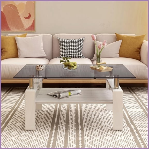 Easy-Clean Tempered Glass Gray Coffee Table - Rectangle, MDF Storage, Iron Legs, 220lbs Load