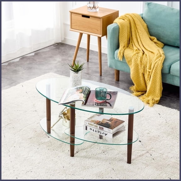 Easy-Clean Transparent Oval 3-Layer Coffee Table for Living Room, Oak Legs & 220lbs Capacity