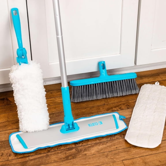 Easy-Click Home Cleaning Supplies Set - Dust Broom & Flat Mop Kit for Floor Cleaning, Wall, Ceiling, & Floor Duster, Adjustable Handle, Interchangeable Heads, Washable Pads, No Refills Needed