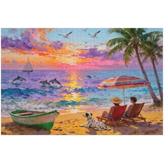 Easy Colorful Jigsaw Puzzle for Seniors 1000 Piece Puzzle for Adults, Memory and Dementia Activity Game, Beach Day Theme, Relaxing 1000 PCS Puzzle for Elderly Leisure and Gifts