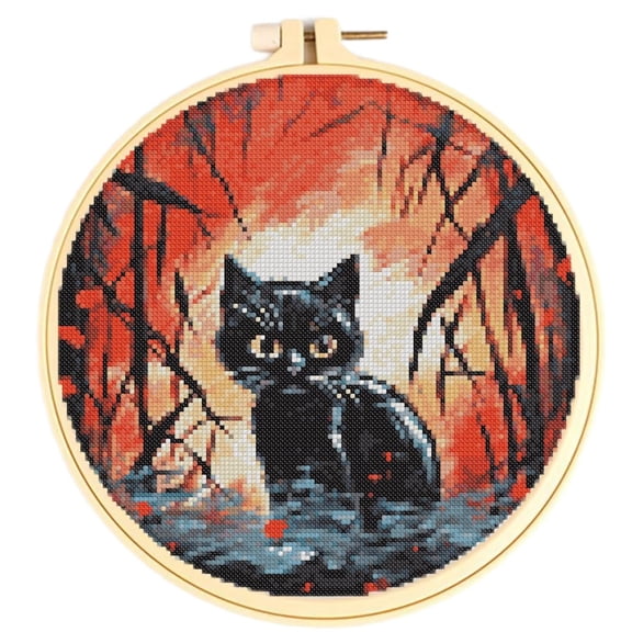 Easy Cross Stitch Kits Black Cat & Fire DIY 11CT Pre-printed Patterns Cross Stitching Needlework DIY Kits Set with Hoop 38x38cm