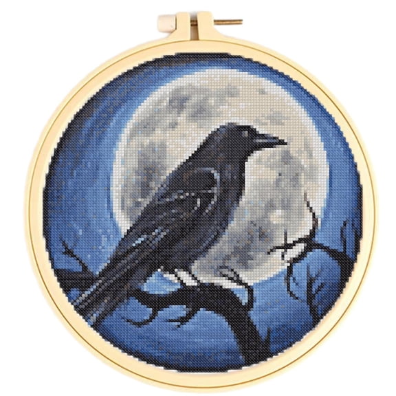 Easy Cross Stitch Kits Black Crow Bird under Moon DIY 11CT Pre-printed Patterns Cross Stitching Needlework DIY Kits Set with Hoop 38x38cm