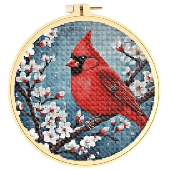 Easy Cross Stitch Kits Cardinal Bird and Blossom Tree DIY 11CT Pre-printed Patterns Cross Stitching Needlework DIY Kits Set with Hoop 38x38cm