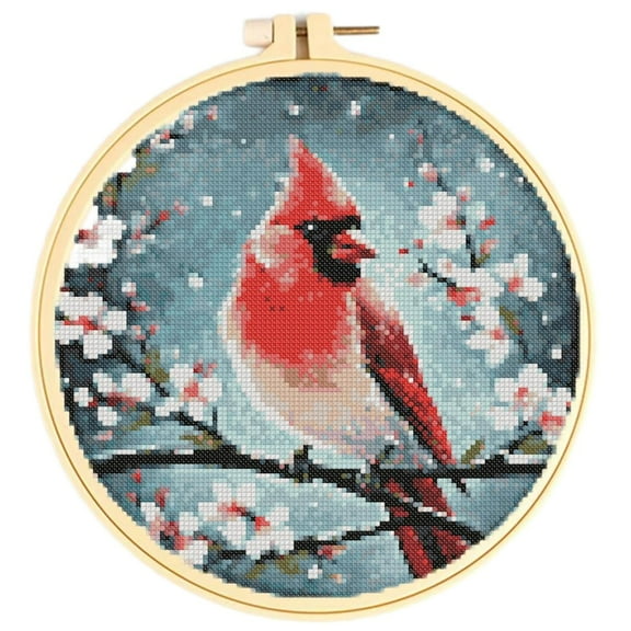 Easy Cross Stitch Kits Cardinal Bird on Blossom Tree DIY 11CT Pre-printed Patterns Cross Stitching Needlework DIY Kits Set with Hoop 38x38cm