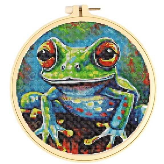 Easy Cross Stitch Kits Cute Frog DIY 11CT Pre-printed Patterns Cross Stitching Needlework DIY Kits Set with Hoop 38x38cm