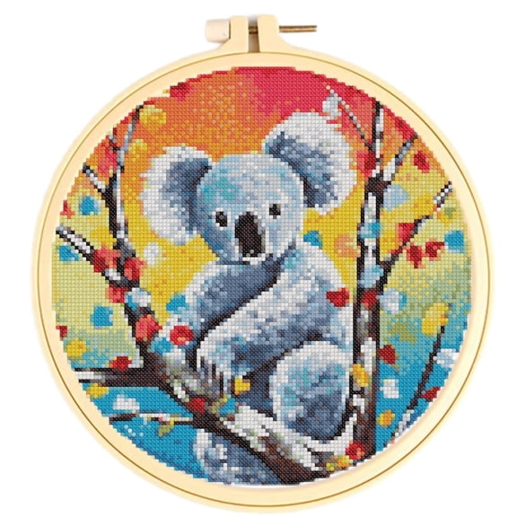 Easy Cross Stitch Kits Koala on Blossom Tree DIY 11CT Pre-printed Patterns Cross Stitching Needlework DIY Kits Set with Hoop 38x38cm
