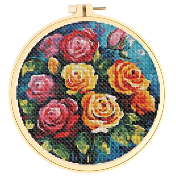 Easy Cross Stitch Kits Roses DIY 11CT Pre-printed Patterns Cross Stitching Needlework DIY Kits Set with Hoop 38x38cm
