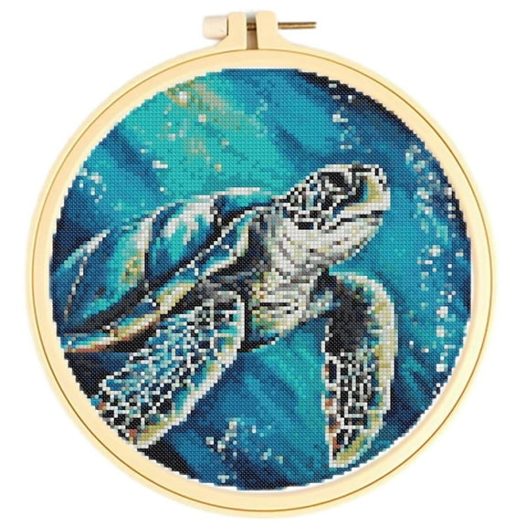 Easy Cross Stitch Kits Sea Turtle in Sea DIY 11CT Pre-printed Patterns Cross Stitching Needlework DIY Kits Set with Hoop 38x38cm