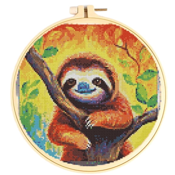 Easy Cross Stitch Kits Sloth on Tree DIY 11CT Pre-printed Patterns Cross Stitching Needlework DIY Kits Set with Hoop 38x38cm