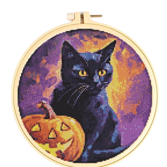 Easy Cross Stitch Kits for Starter Kits Black Cat & Halloween Pumpkin DIY 11CT Pre-printed Patterns Embroidery Needlepoint Cross Stitching Needlework Kit Set Supplies with Hoop 38x38cm