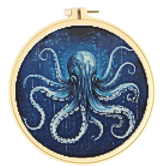 Easy Cross Stitch Kits for Starter Kits Blue Octopus DIY 11CT Pre-printed Patterns Embroidery Needlepoint Cross Stitching Needlework Kit Set Supplies with Hoop 38x38cm