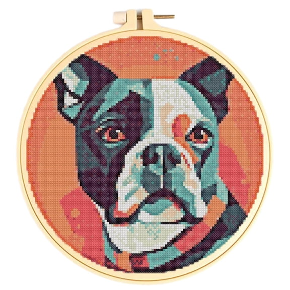 Easy Cross Stitch Kits for Starter Kits Boston Terrier DIY 11CT Pre-printed Patterns Embroidery Needlepoint Cross Stitching Needlework Kit Set Supplies with Hoop 38x38cm
