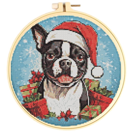 Easy Cross Stitch Kits for Starter Kits Christmas Boston Terrier DIY 11CT Pre-printed Patterns Embroidery Needlepoint Cross Stitching Needlework Kit Set Supplies with Hoop 38x38cm