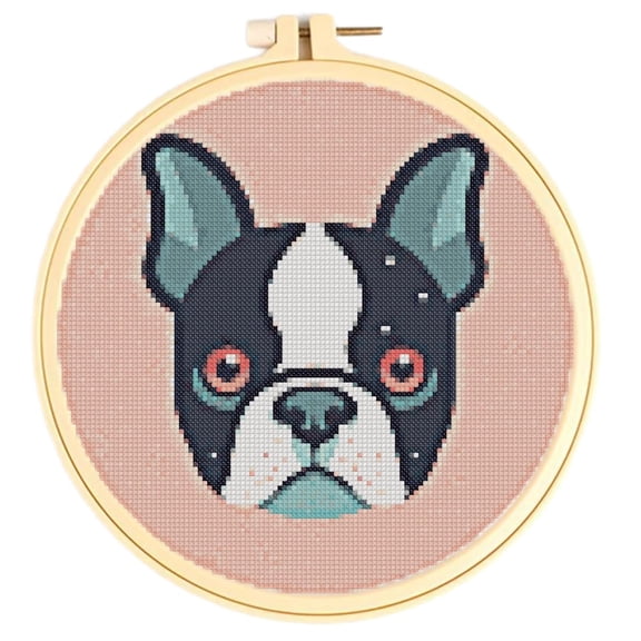 Easy Cross Stitch Kits for Starter Kits Cute Bulldog DIY 11CT Pre-printed Patterns Embroidery Needlepoint Cross Stitching Needlework Kit Set Supplies with Hoop 38x38cm