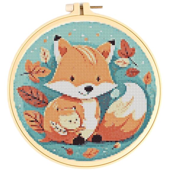 Easy Cross Stitch Kits for Starter Kits Cute Fox DIY 11CT Pre-printed Stamped Patterns Embroidery Cross Stitching Needlework Kit Set Supplies with Hoop 38x38cm