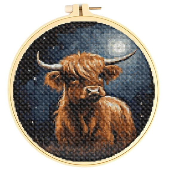 Easy Cross Stitch Kits for Starter Kits Cute Highland & Moon DIY 11CT Pre-printed Patterns Embroidery Needlepoint Cross Stitching Needlework Kit Set Supplies with Hoop 38x38cm
