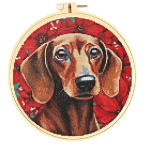 Easy Cross Stitch Kits for Starter Kits Dachshund & Flowers DIY 11CT Pre-printed Patterns Embroidery Needlepoint Cross Stitching Needlework Kit Set Supplies with Hoop 38x38cm